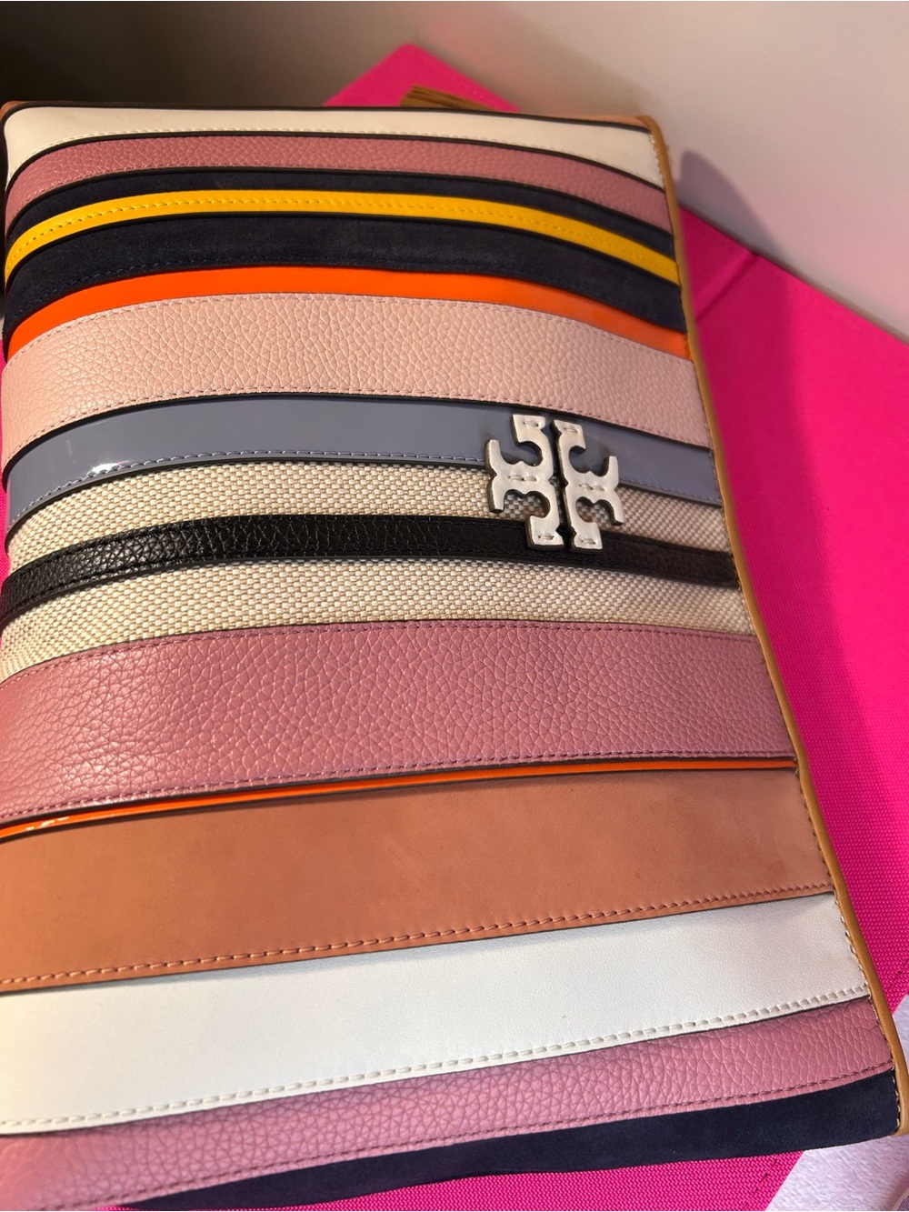 Tory Burch White Slide Sandals with Pink Logo and Striped Wristlet - Picture 16 of 16